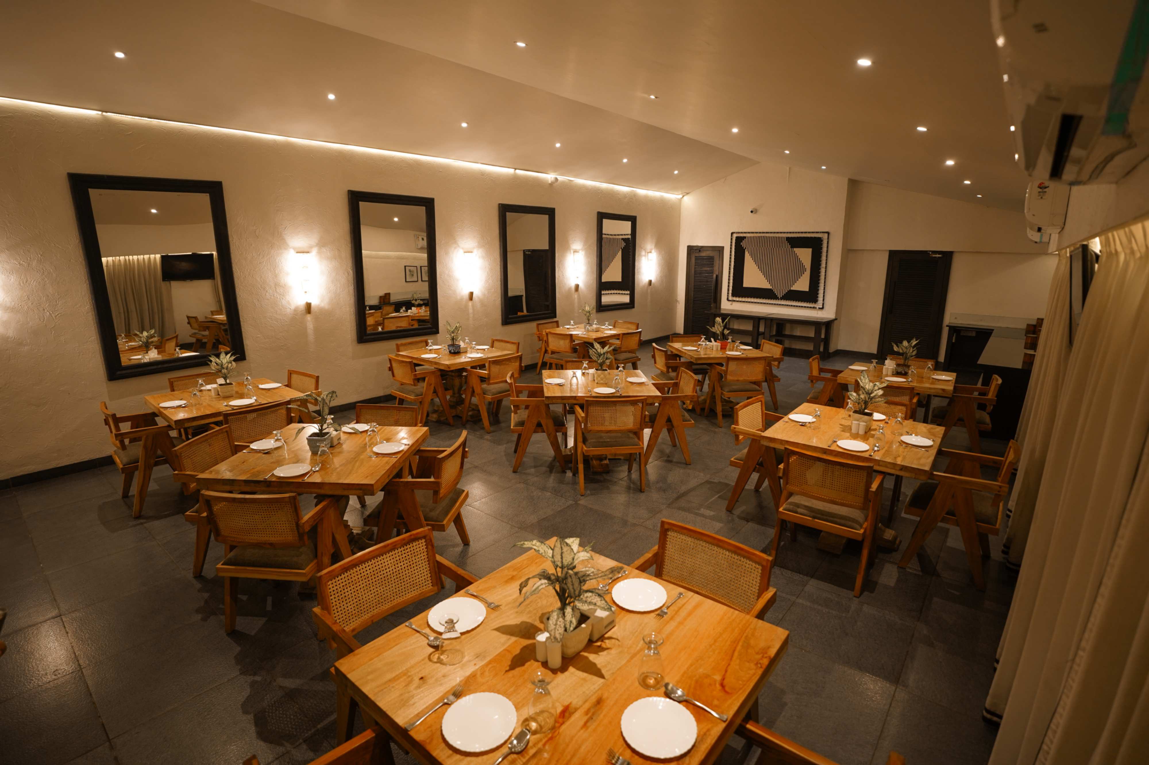 Indoor dining hall with warm lighting